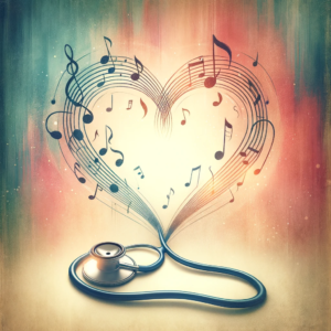 L'immagine rappresenta un cuore stilizzato formato dalle linee di uno spartito e da note musicali che fluttuano intorno, creando un'atmosfera di armonia e benessere. Al centro del cuore, c'è uno stetoscopio, che simboleggia il collegamento tra la musica e la guarigione. Il tutto è su uno sfondo morbido e confortante, con colori lenitivi che evocano un ambiente ospedaliero tranquillo. Il design unisce creativamente la passione per la musica con l'importanza della salute, sottolineando il potere emotivo e terapeutico della musica.